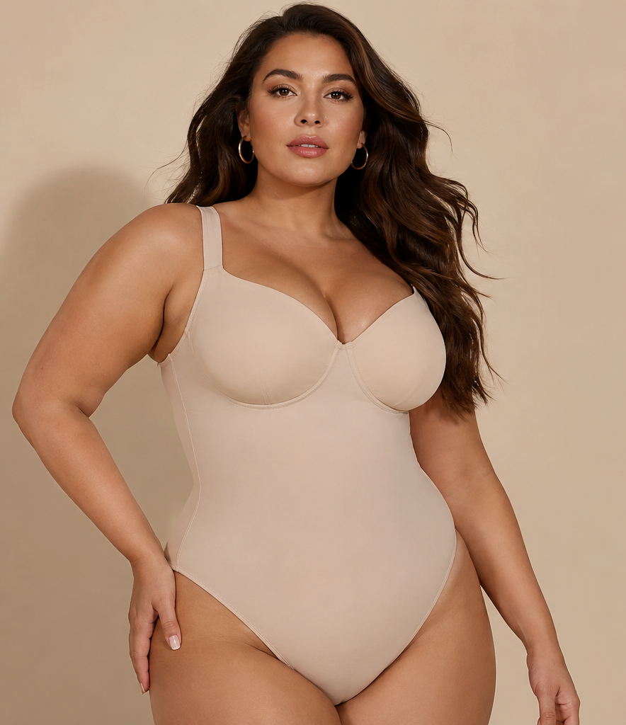 Woman wearing a beige shapewear bodysuit with text on a beige background